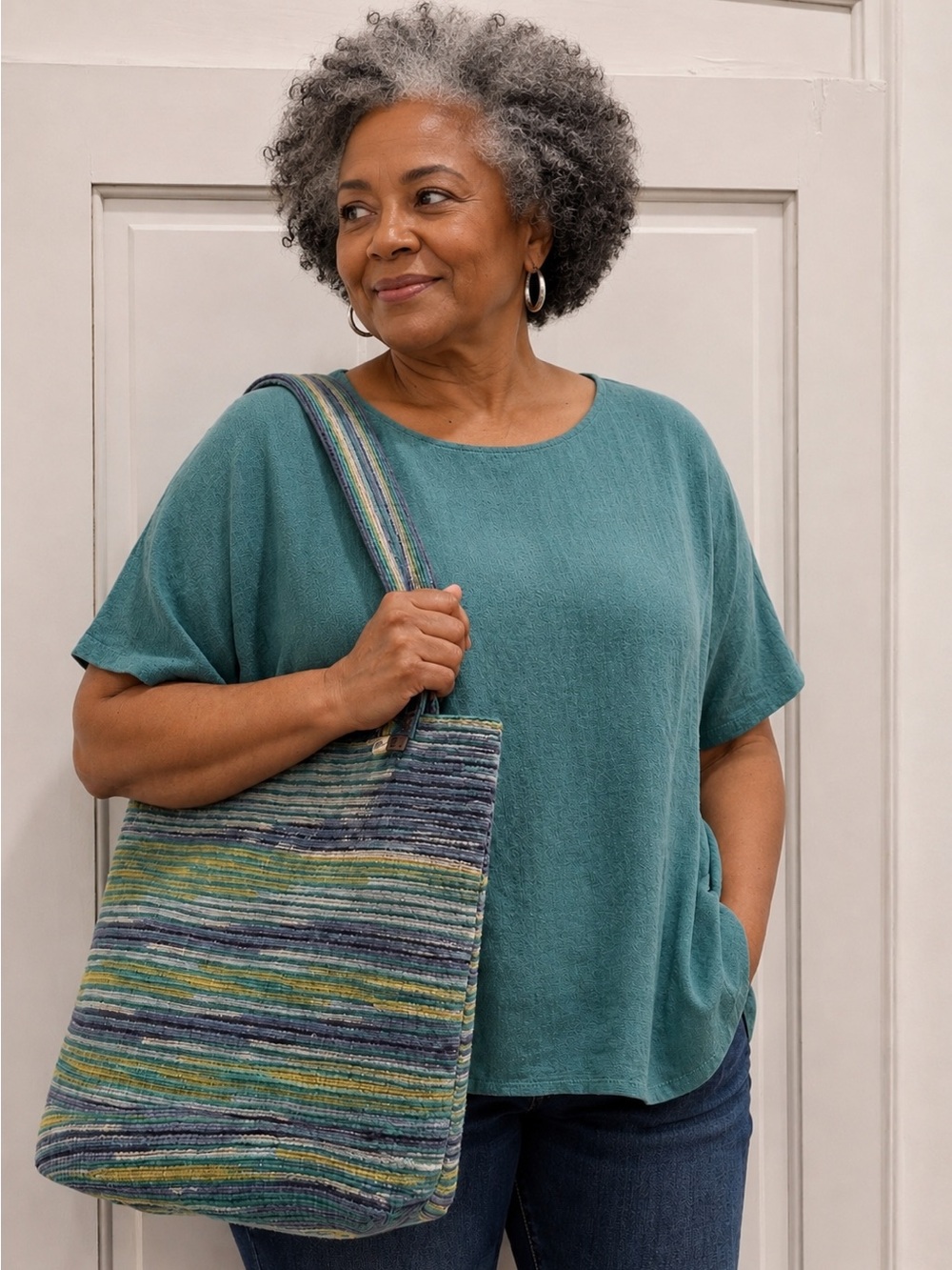 Eileen Fisher Teal Short-Sleeve Boxy Top with teal and blue tote